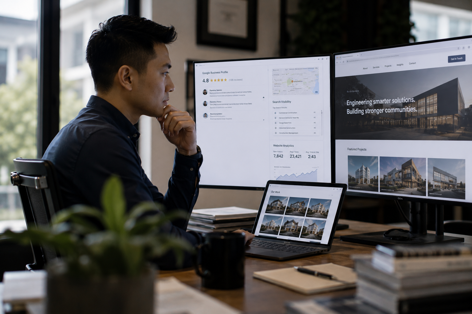 Man viewing business analytics and architectural project images on two monitors and a laptop.