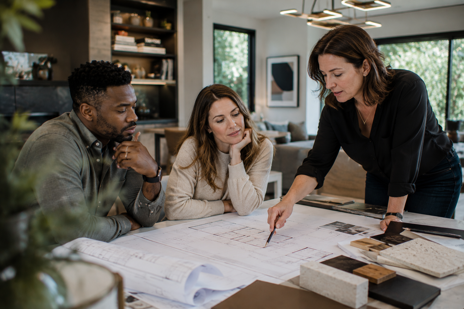 Three adults review architectural plans and material samples at a table in a modern home.