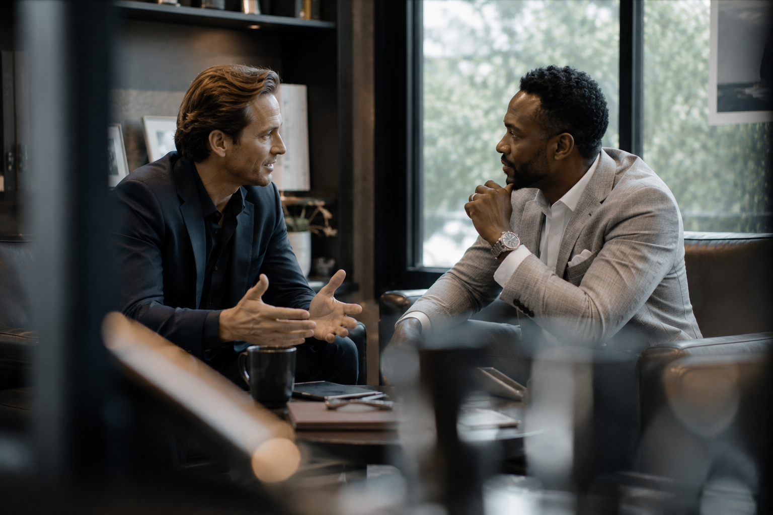 Two men in suits converse across a table in a dim lounge beside a bright window.