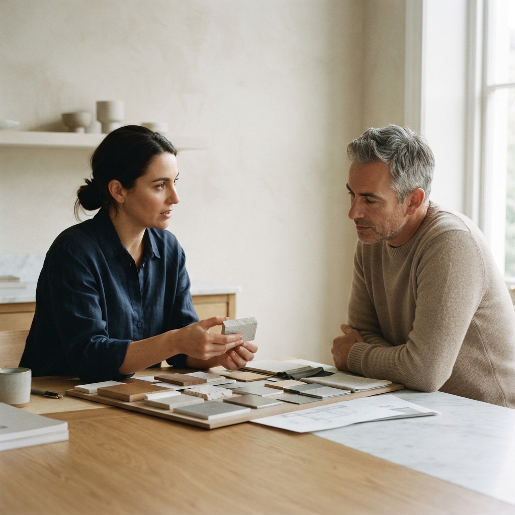 Two adults discuss material samples at a table in a softly lit room.
