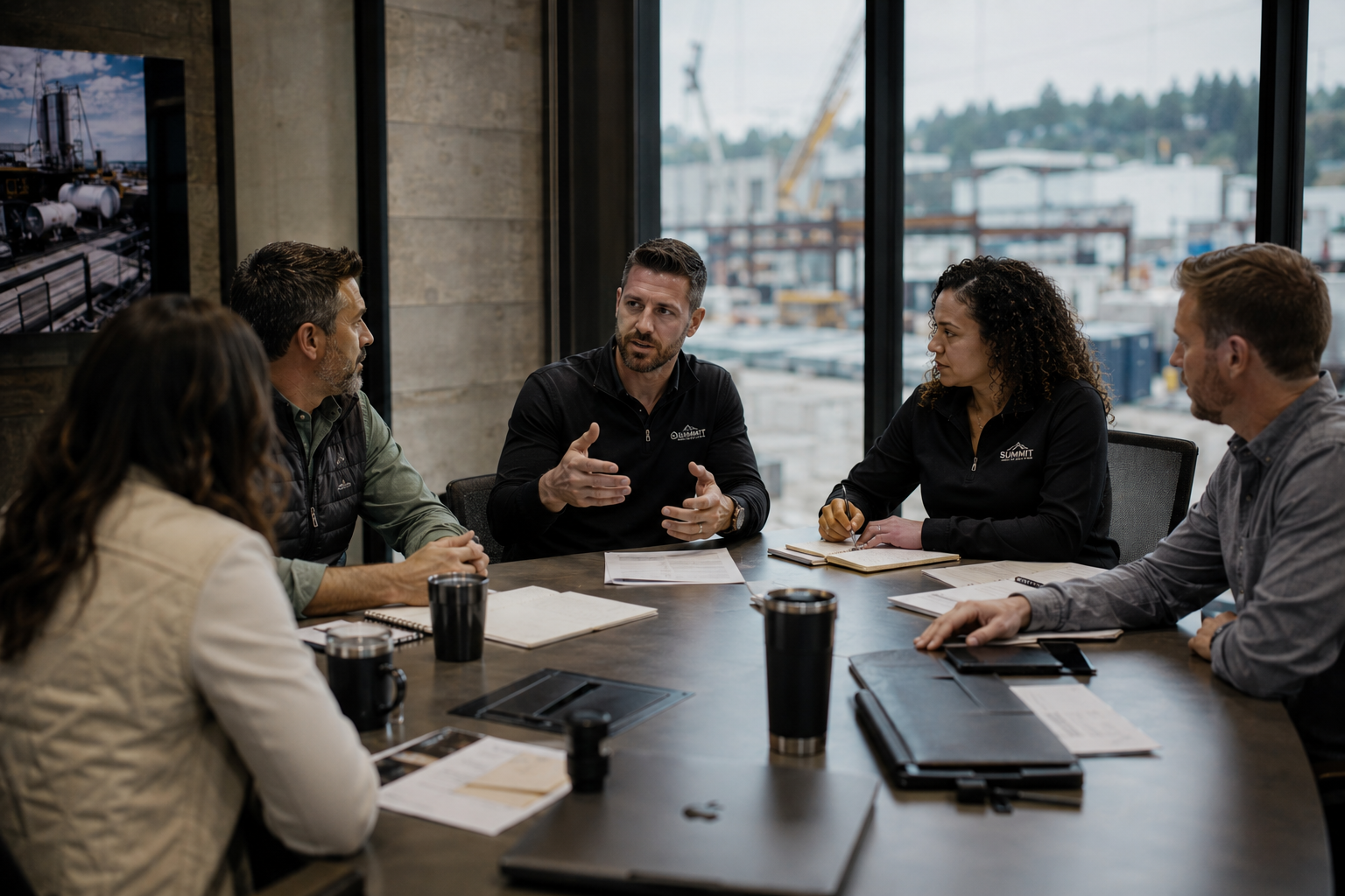 Five coworkers discuss documents around a conference table overlooking an industrial waterfront.