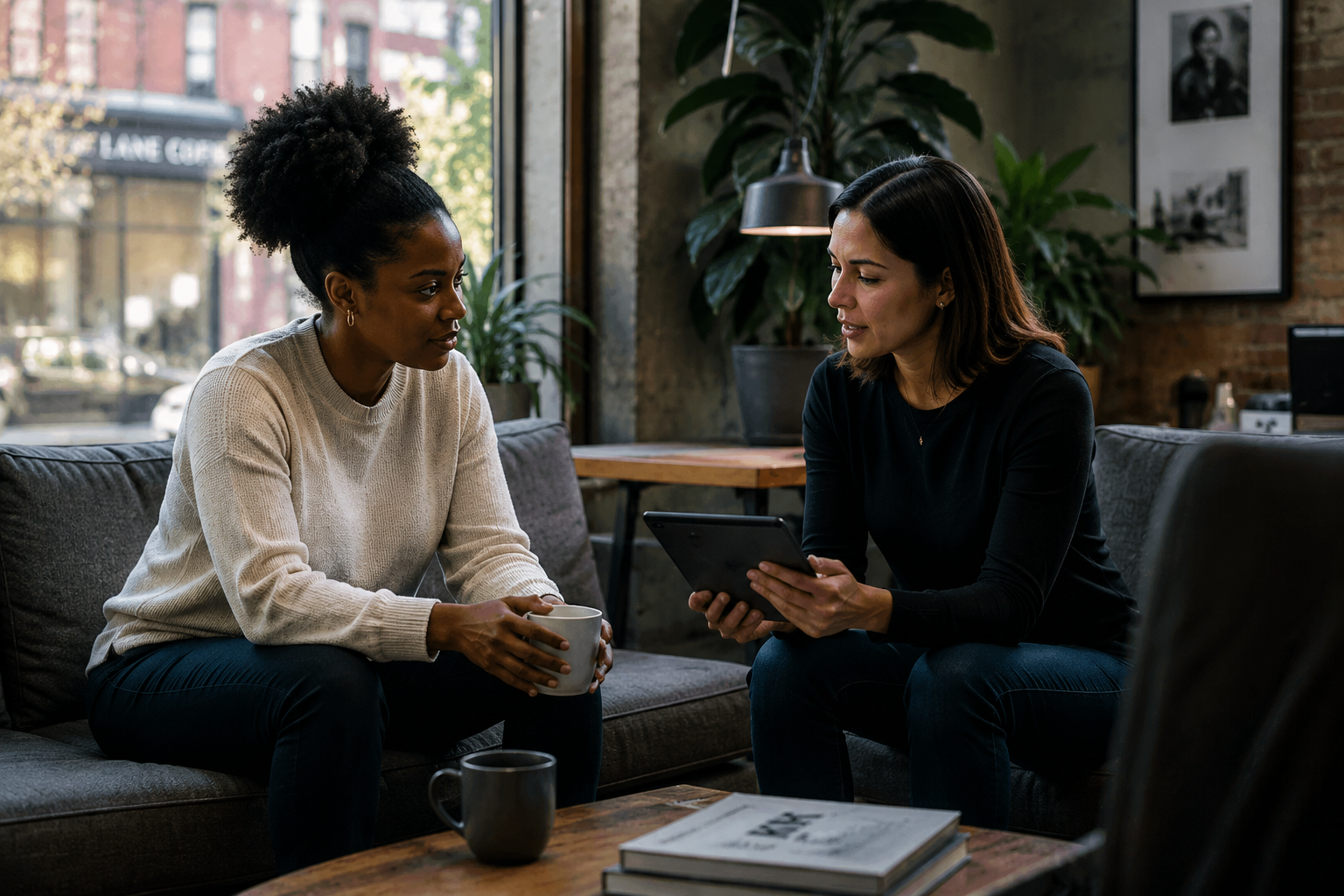 Two women sit in a café, talking while holding a mug and tablet.