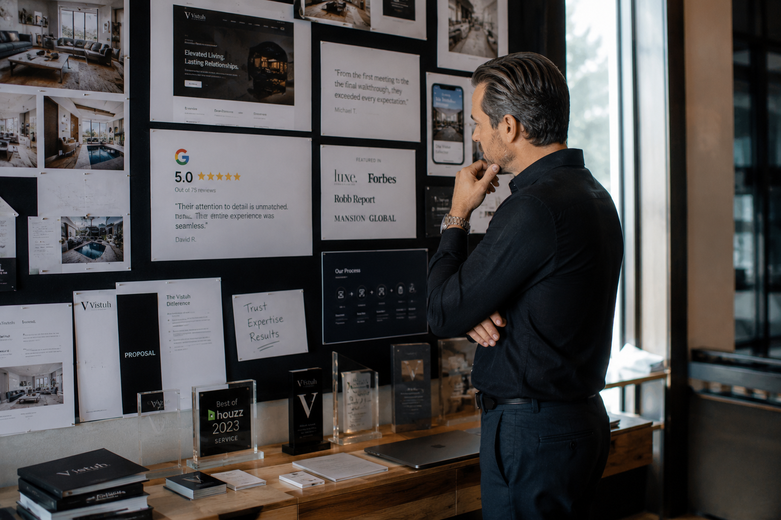 Man examining an interior-design presentation board beside awards and documents.