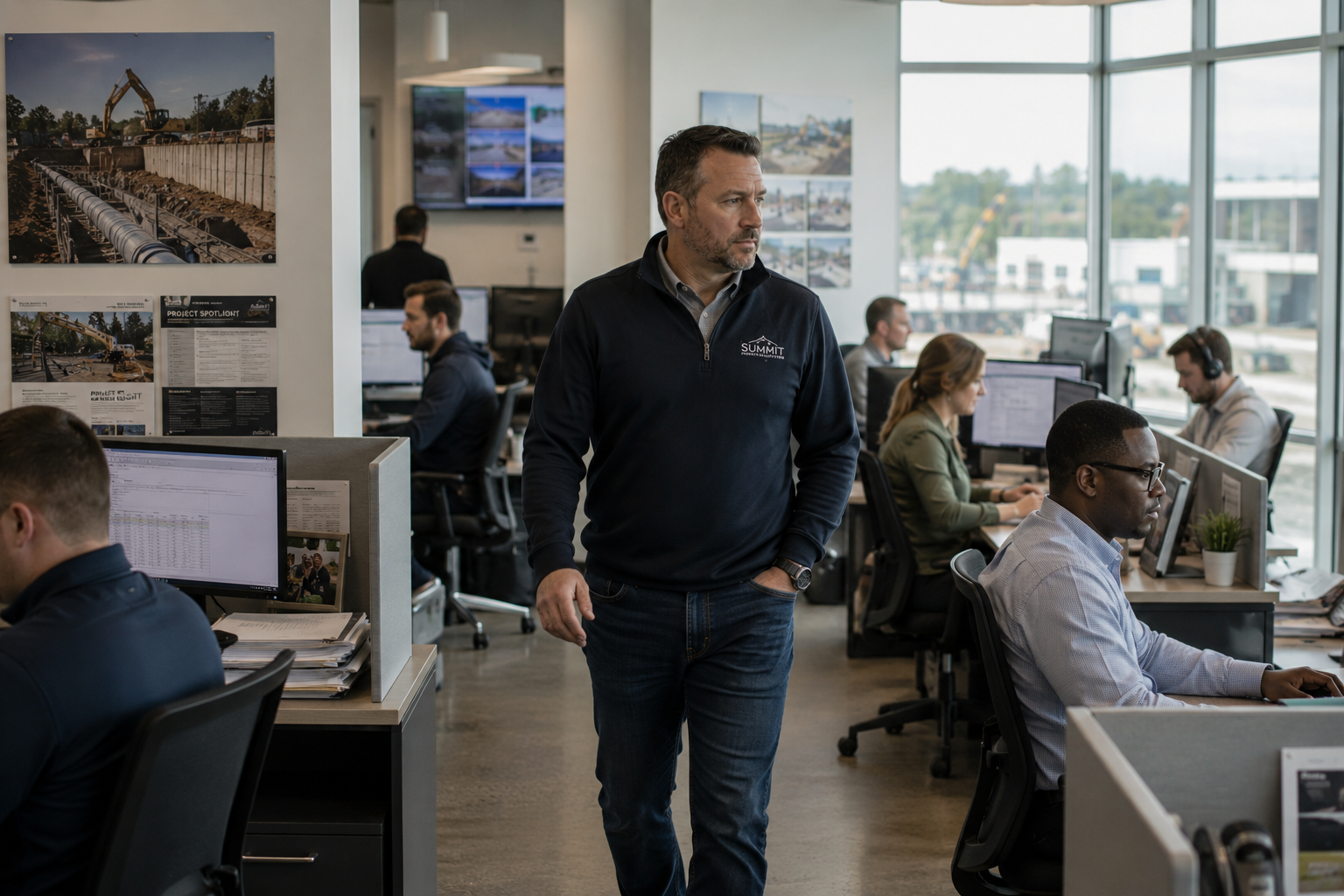 Man standing in a busy office with coworkers, construction images, computers, and large windows.
