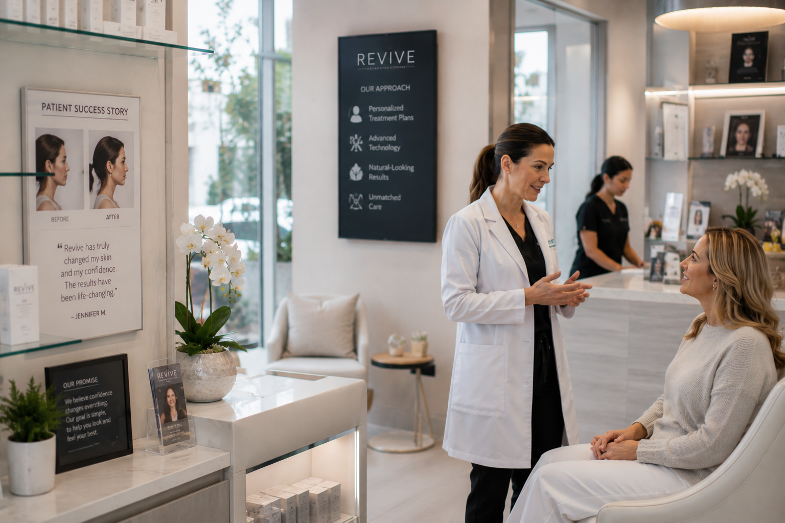 Clinician speaking with a seated woman in a bright clinic reception area.