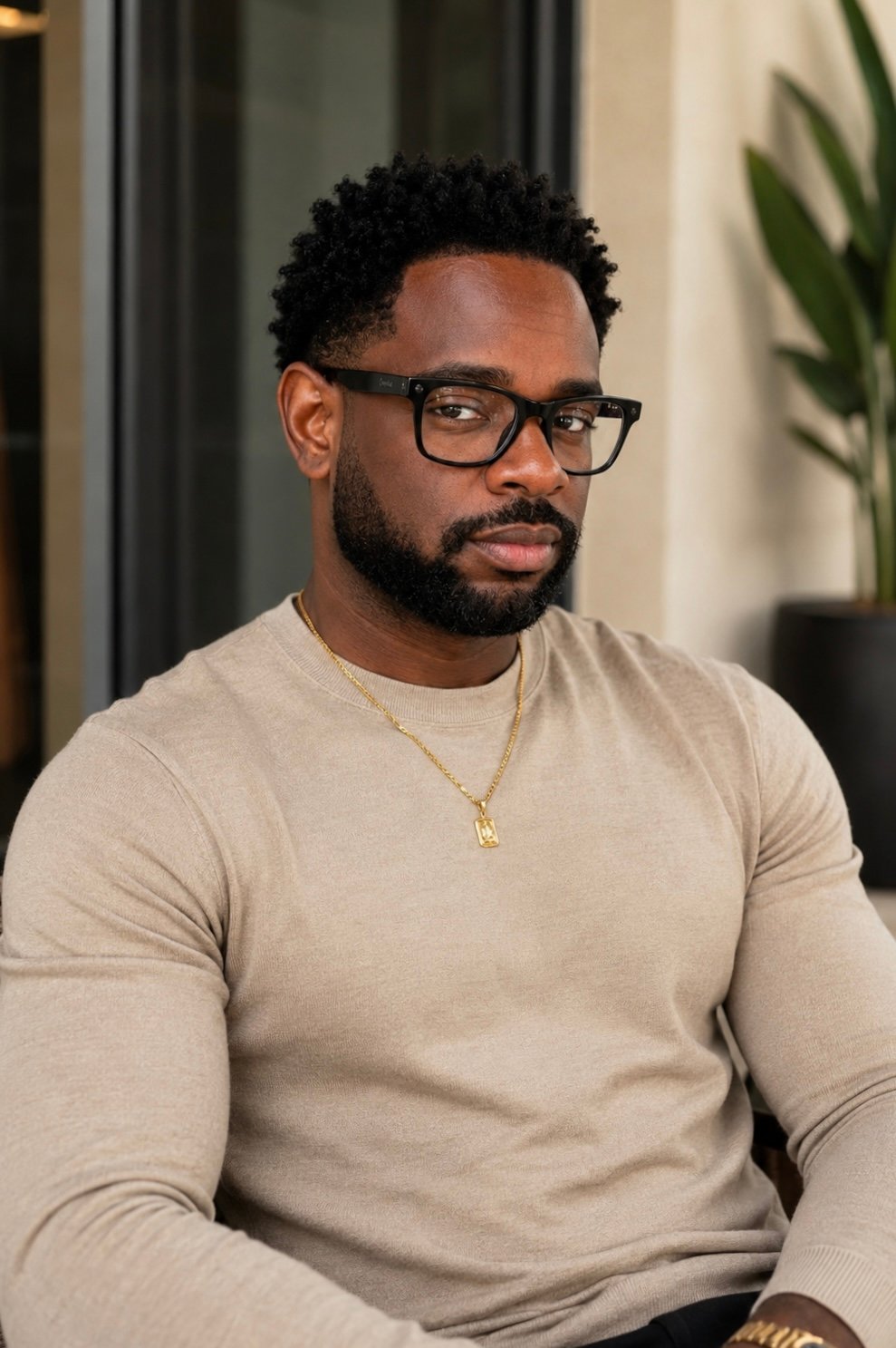 Bearded man wearing black glasses and a beige shirt sits indoors with a plant behind him.
