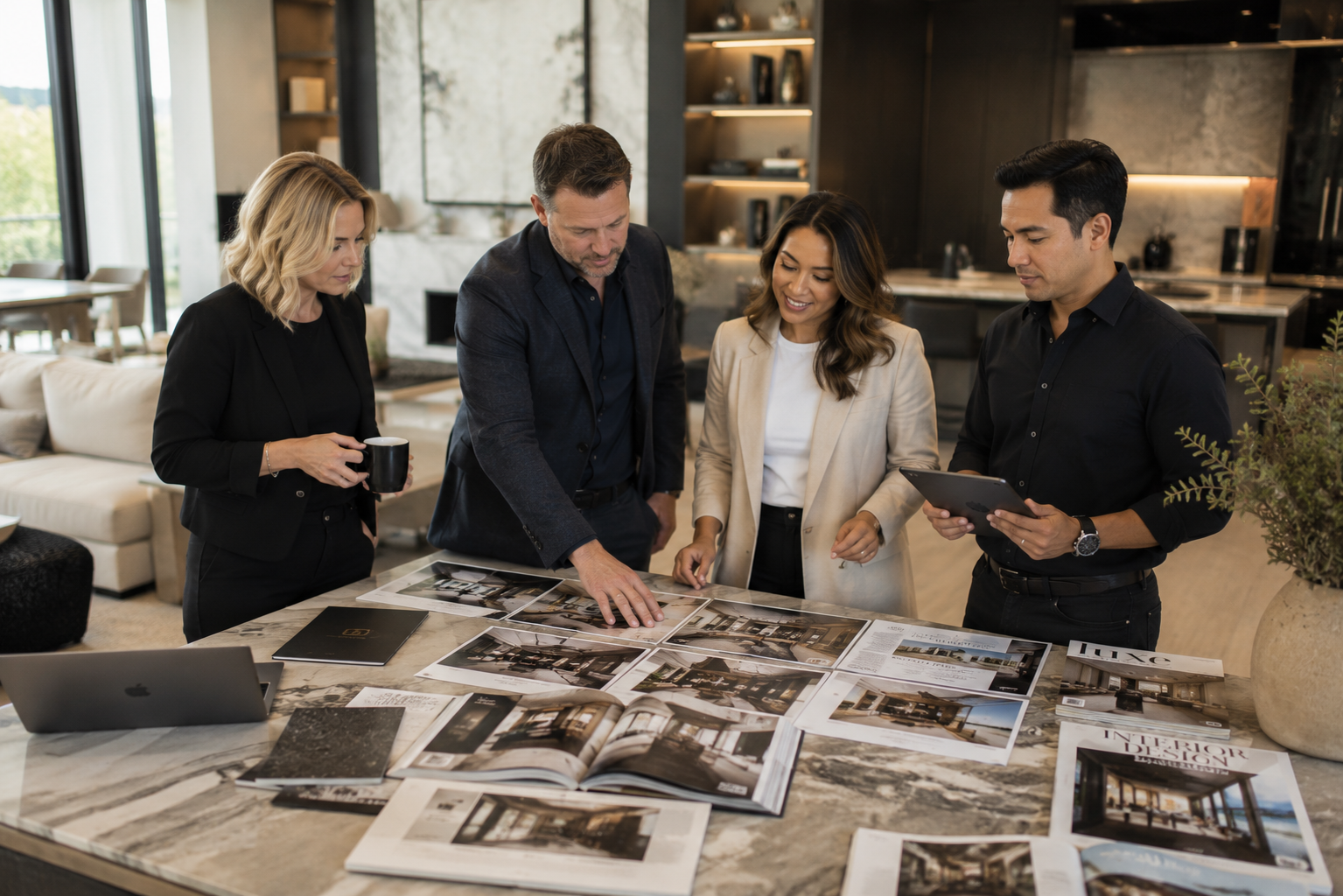 Four adults review interior design materials around a marble island in a modern home.