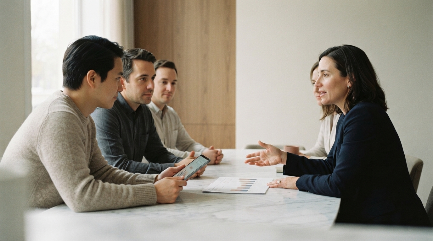 Five adults discuss around a marble table, with papers and a tablet in a bright neutral room.