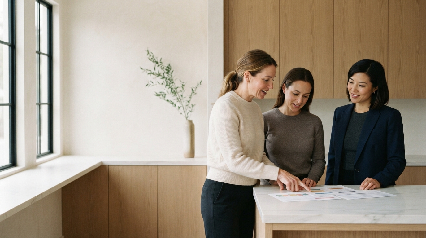 Three women review papers at a kitchen island in a bright, modern room.